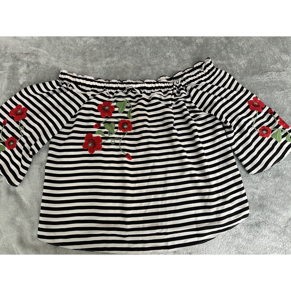 7th Avenue Design Studio Shirt Womens‎ XL Stripe Floral Embroidered Top Blouse